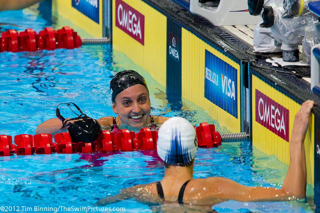 200 breaststroke winner Rebecca Soni shares a smile with second place finisher (and Olympic qualifier) Micah Lawrence.