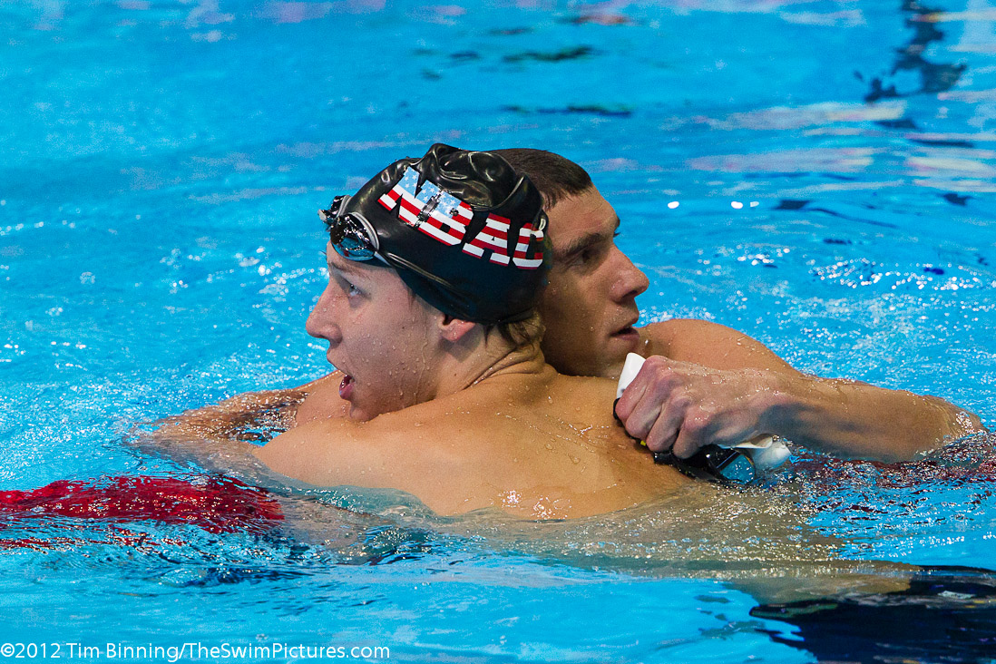 Michael Phelps congatulates North Baltimore Aquatic Club teammate Chase Kalisz following the 200 IM final.