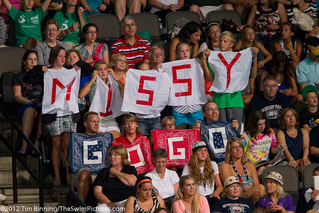 Missy Franklin fans show their support before the start of the 100 free final.