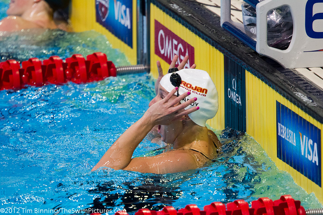 Jessica Hardy of Trojan Swim Club reacts to winning the 100 free final.