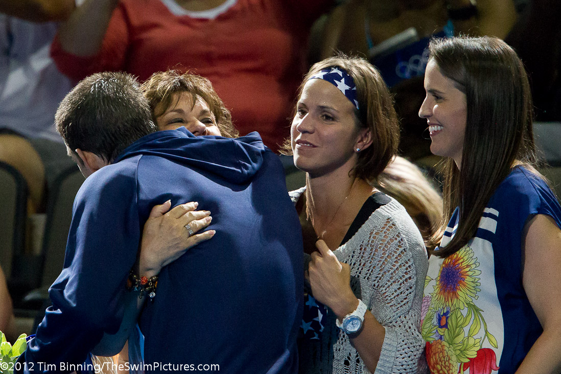 Following the 200 IM awards, Michael Phelps is congratulated by his Mother and sisters both on winning and to wish him a happy birthday.