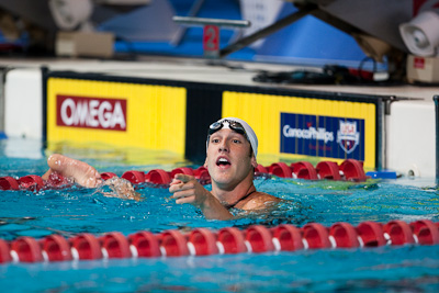 Adam Klein points to his Auburn teamates after qualifying for the 2009 FINA World Swimming Championships by placing second in the 200 breaststroke at the 2009 ConocoPhillips USA National Swimming Championships and World Championship Trials