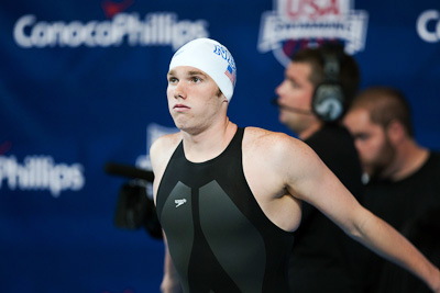 Brennan Morris of the North Baltimore Aquatic Club before the start of the 1500 free at the 2009 ConocoPhillips USA National Swimming Championships and World Championship Trials
