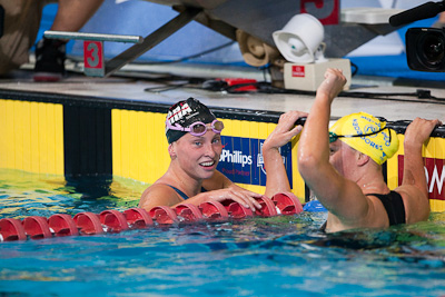 Haley Anderson (L) takes second place in the 800 free at the 2009 ConocoPhillips USA National Swimming Championships and World Championship Trials