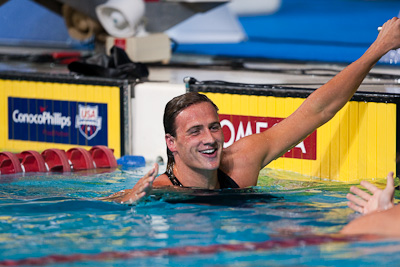 Ryan Lochte reaches out to congratulate Aaron Peirsol who broke his 200 back record.  Lochte took second place at the 2009 ConocoPhillips USA National Swimming Championships and World Championship Trials