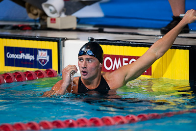 Ryan Lochte checks the clock after barely missing the world record in the 200 individual medley at the 2009 ConocoPhillips USA National Swimming Championships and World Championship Trials
