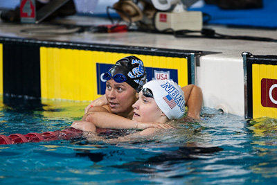 Elizabeth Beisel (L) and Elizabeth Pelton (R) share a look at the clock following a 1-2 finish and an opportunity to compete at the FINA Swimming World Championships at the 2009 ConocoPhillips USA National Swimming Championships and World Championship Trials
