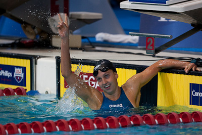 Rebecca Soni of Trojan Swim Club swims to a new American record in the 100 breaststroke at the 2009 ConocoPhillips USA National Swimming Championships and World Championship Trials