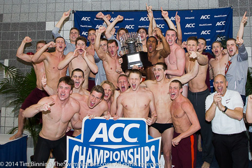 The Virginia Tech men celebrate their first team ACC Swimming and Diving Championship